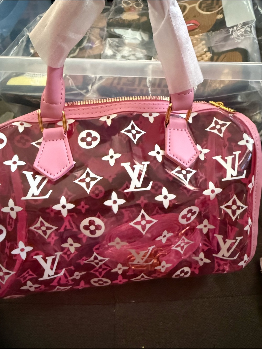 Pink Monogram-Pattern Clear Satchel with Gold Hardware